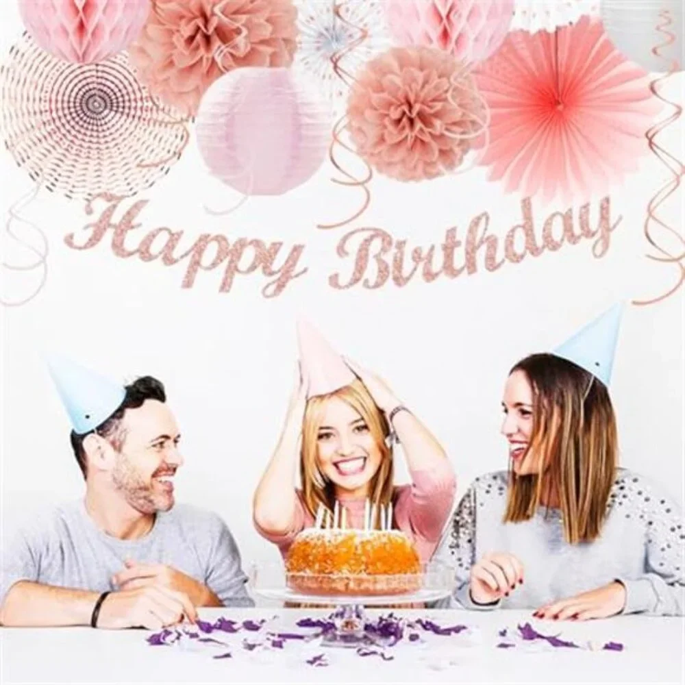 Pink White Rose Gold Birthday Party Decorations Banner Paper Lantern Pom Poms